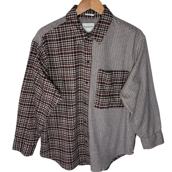 ABERCROMBIE & FITCH Women’s Oversized Mixed Brown Plaid Flannel large - Picture 1 of 3